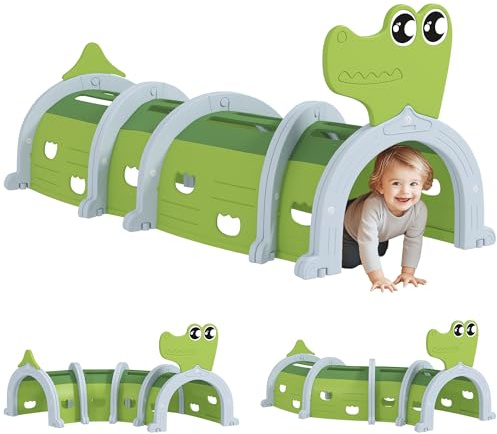 AIYAPLAY Tunnel da Gioco per Bambini 3-6 Anni a Forma di Coccodrillo, Tunnel Gioco da Interno ed Esterno in Plastica, Modulabile in Diverse Forme, Adatto per Asilo e Parco Gioco, Verde