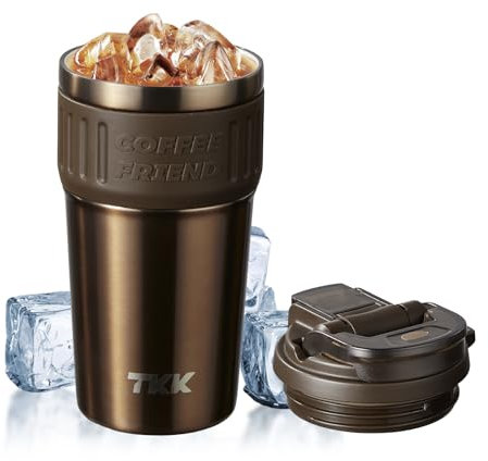 TKK Insulated Coffee Mug with Ceramic Coating, 21oz Iced Coffee Tumbler Cup with Straw Lid Double Wall Vacuum Leak Proof Travel Mug with Strap for Hot and Iced Beverage, Mocha Brown