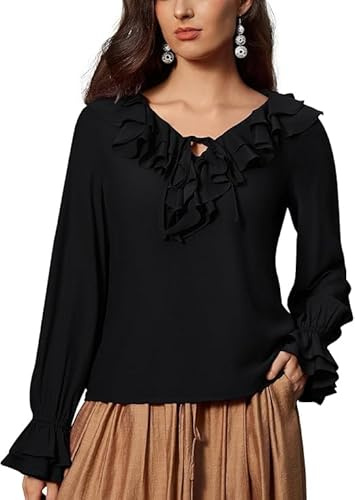 SCARLET Dark dam medeltida blus lång puffärmar topp V-hals snörning volangblus, svart, S
