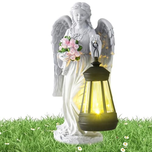 Angel Solar Lights Outdoor Garden,Resin Outdoor Charming Sculpture - Memorial Angel with Flower Statue for Garden Walkway Front Yard Porch Cemetery Patio Gravesite Landscaping Decoration