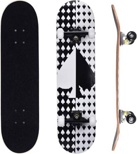 ERNAN Komplett skateboard för nybörjare, 81 x 20 cm dubbel sparkskateboard för barn, tonåringar och vuxna. med Skate T-verktyg. Svarta spader