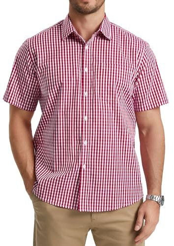 HISDERN Camicia Uomo Manica Corta a Quadri Cotone Camicia Scozzese Uomo con Tasche Bottoni Regular Fit Rosso M