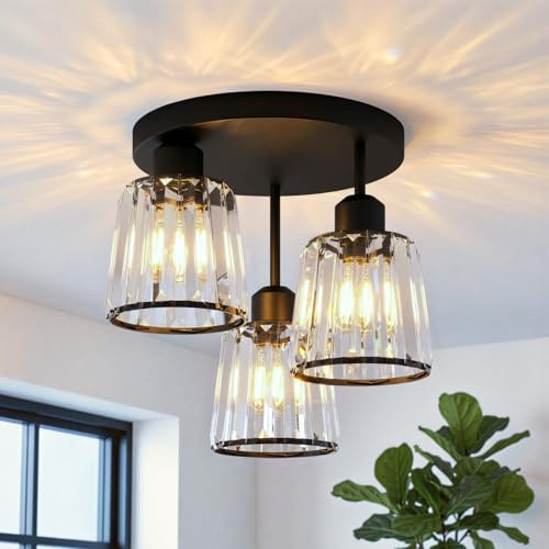 ANWIO Modern Kristall Deckenleuchte, 3-flammig Kristall Kronleuchter mit Glas Lampenschirm, Deckenlampe Hängend Wohnzimmer, Glas Pendelleuchte für Schlafzimmer, Küche, Flur, Badezimmer, Schwarz