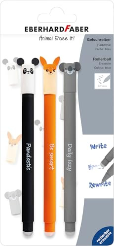 EBERHARD FABER 582123 – Kulspetspenna raderbar, 3 djur rase it panda, räv, koala, gelpenna blå 0,7 mm