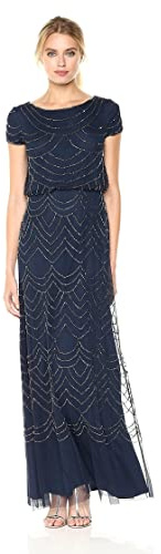 Adrianna Papell Women's Short Sleeve Blouson Beaded Gown, Navy, 10