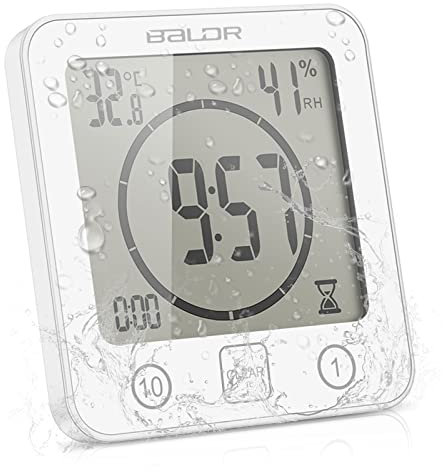 ONEVER Orologio da Bagno,Lgrometro Termometro Digitale,Monitor Umidità da Interno,Stazione Meteo con Espressione Facciale per Stanza da Bambino LCD Touch Control Timer Allarme per Cucina Bagno