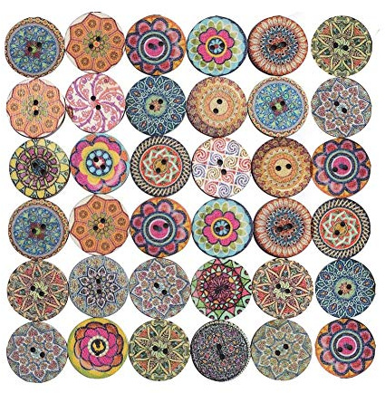 QincLing 100 PCS Wooden Buttons for Crafts, Wood Buttons 1 Inch Assorted Vintage Round Wooden Flower Buttons Decorative Buttons with 2 Holes for DIY Sewing Crafts Knitting Baby Clothes