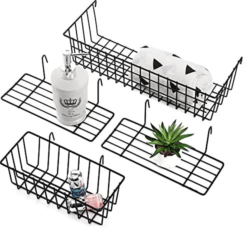 Cedilis Set of 4 Wall Grid Panel, Straight Wire Shelf and Basket, Display Hanging Storage Rack for Room Organizer, 2 Wire Basket and 2 Shelf