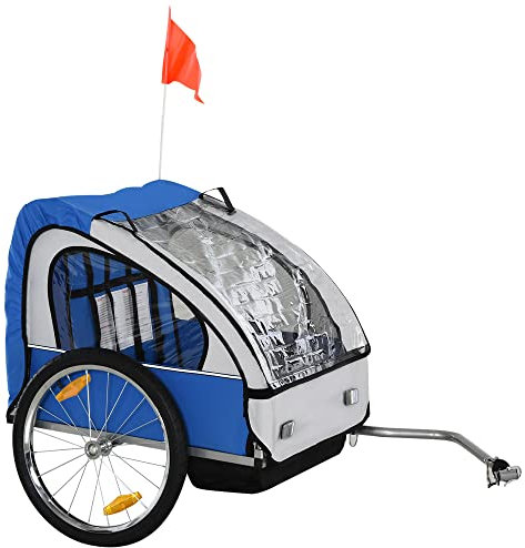 HOMCOM Kinderanhänger Kinderfahrrad geeignet für 2 Kinder, Stahlrahmen, Sitzträger mit Sicherheitsgurt, für Kinder ab 18 Monaten, Oxford-Gewebe, Stahl, 130x76x88 cm, Blau+Weiß