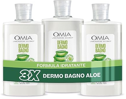 Omia Dermo Bagno Eco Bio con Aloe Vera del Salento, Bagnoschiuma Delicato e Rinfrescante, Dermatologicamente Testato, Formula Vegana e Nichel Free, Confezione da 3 Pezzi, Flaconi da 400 ml