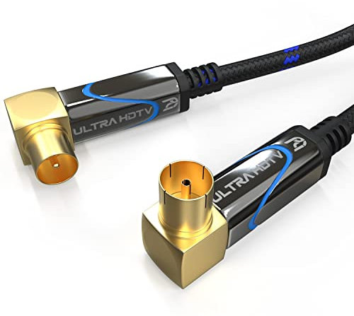 Ultra HDTV 7,5m TV Antennenkabel by, Koaxialkabel Koax Stecker (90° Winkel) zu Koax Kupplung (90° Winkel), Metallstecker für DVB-T und DVB-T2, DVB-C, DVB-S, DVB-S2, Radio, UKW, DAB