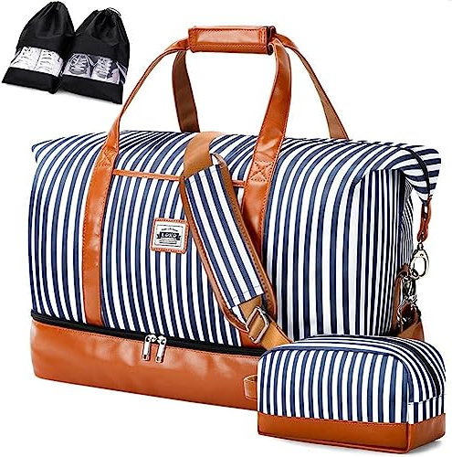 Lekespring Reisetasche Damen, Reisetasche Handgepäck Sporttasche Weekender Tasche Für Flugzeug, Kliniktasche Geburt, Duffle Bag mit Kulturbeutel und 2 Schuhsäcken, 50L, Gestreift