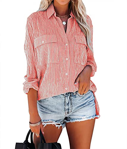 Zitiki Damblus, elegant, randig blus, V-ringad, ledig skjorta, långärmad, snygg skjorta, kontor, arbete, toppar med ficka, L