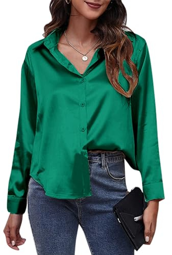 Women's Satin Button Down Shirts Elegant V Neck Silky Shirts Casual Long Sleeve Work Blouses Tunic Top