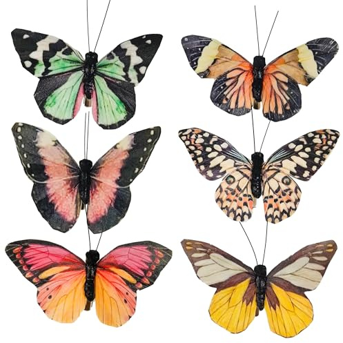 YCHTEWY-Feather Butterfly for Craft Decoration Set of 12 with Clip 6 Color Wedding Home Flower Pot Christmas Party Spring Home Decor Floral