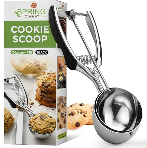Spring Chef Extra Large Cookie Scoop, 18/8 Stainless Steel Melon Baller Scoop, Spring Loaded Trigger Release for Cookie Dough, Ice Cream, Meatball, Cupcake, 5.5 tablespoon (tbsp) portion, #10, Black