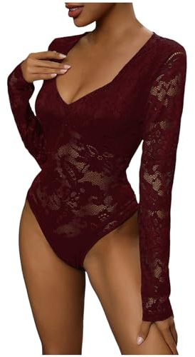 KBOPLEMQ Body da donna sexy in pizzo, elegante, a maniche lunghe, sexy, a maniche lunghe, body modellante, a collo alto, lingerie