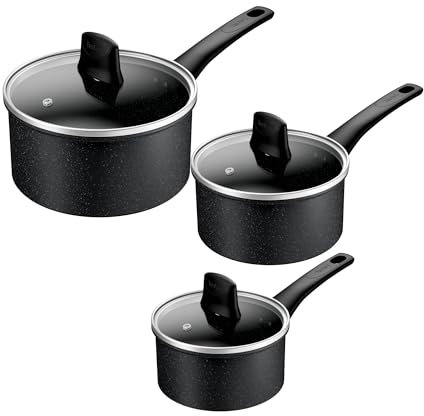 Tefal Titanium Stone Induction Non-Stick 3pc Set: Saucepan 16/18/20cm + 3 Matching lids, High-Performance Non-Stick Coating, Metal Safe, All Hobs Including Induction, Thermo-Signal, E105S345