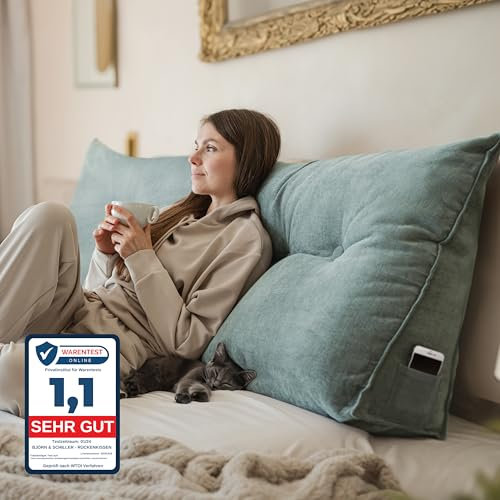 Björn&Schiller Rückenkissen - Lesekissen für Bett und Sofa, Keilkissen, Rückenpolster für die Wand, Sitzkissen, Wandkissen, groß mit waschbarem Bezug (Türkis-grau, 200 cm)
