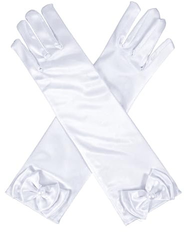 Apausvcm 1 Paar Kinder Lange Handschuhe,Prinzessin Satin Handschuhe,Schleife mit Perlen Handschuh,Weiße Abendhandschuhe,für Hochzeit Blumenmädchen Geburtstag Urlaub Kostüm Party Zubehör Handschuh