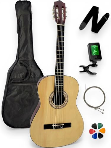 AMROVA - Guitare Classique 4/4 Droitier + Housse + Sangle + Accordeur + Cordes + Médiators + Cours Vidéo Offerts (Naturel, 4/4, Droitier)