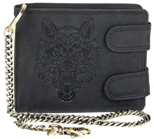 Biker - Cartera de piel auténtica para hombre, color negro, con estampado de lobo y cadena, cartera con protección RFID, 10 compartimentos para tarjetas, compartimento para monedas y bolsillo con