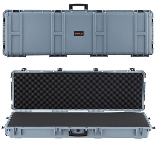 VEVOR Hard Rifle Case, Lockable Rifle Case with Pre-Cut Foams, 1320 mm Gun Storage with Wheels, Heavy Duty IP67 Waterproof & Dustproof Pistol Storage Cases for Rifles, Shotguns, Airsoft Guns, Grey