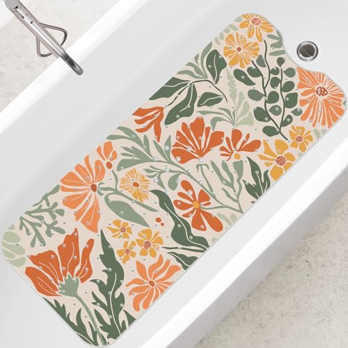SHUCHING Tappetino Vasca Antiscivolo, Tappetino Doccia Antiscivolo Lungo 100x40cm, Tappeto Vasca da Bagno Antimuffa e Lavabile in Lavatrice, Fiore Arancione