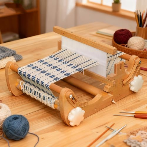 MObyat Kit Telaio per Tessitura in Legno da Tavolo, Macchina Tessere per Maglieria a Mano Fai-da-Te con Set Completo Accessori, Densità di Tessitura Regolabile, Larghezza Massima di Tessitura: 20 Cm