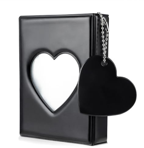 DOPENSPI Mini Photocard Binder, 3 Inch Album Heart Hollow Card Binders Photocard Holder Book Photo Album with 32 Pockets Heart Pendant (Black)