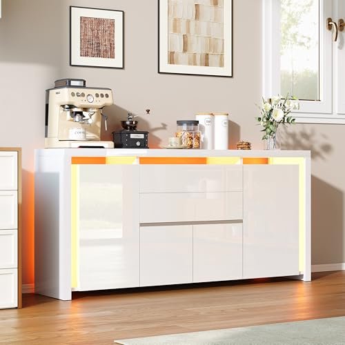 BSCFHCZ Credenza Soggiorno Moderno Lucida, Madia Mobile da Cucina con 4 Ante e 2 Cassetti,Dispensa Cucina Buffet da Cucina per Soggiorno Cucina Sala da Pranzo, 160x35x75 cm (Bianco)