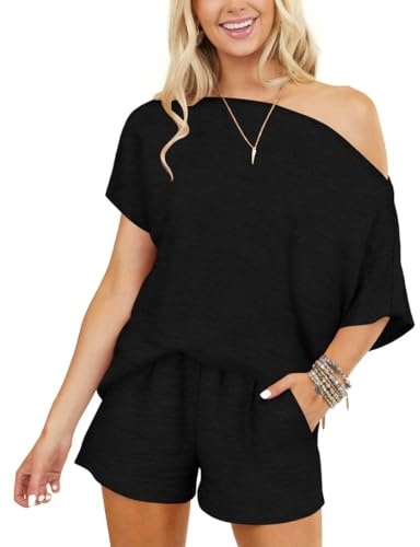 INFITTY 2026 Sexy Pajama Sets for Women 2 Piece Cute Sleep Sets Loose Short Sleeve Off the Shoulder Lounge Set Black L
