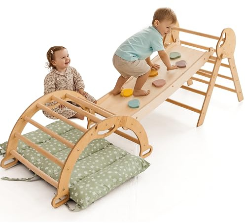 Goodevas Montessori Kit d'escalade 5 en 1 : triangle d'escalade d'intérieur, arche d'escalade avec coussins et toboggan pour enfants, aire de jeux d'intérieur de 1 à 3 ans