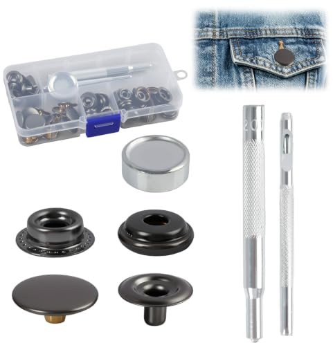 15 Piezas Botones de Presión con Herramienta de Fijación,Kit de Accesorios de Costura de Metal Negro,Para Ropa,Manualidades,DIY y Reparaciones,Snaps para Telas y Proyectos de Artesanía