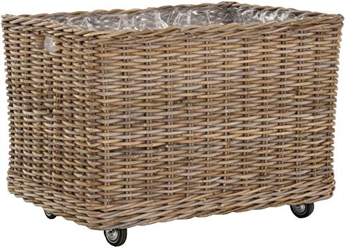 Großer Pflanzkorb Rattan grau XXL Pflanzkübel Blumentopf mit Rollen Rollkorb Rattankorb (Grau Natur, Rechteckig)