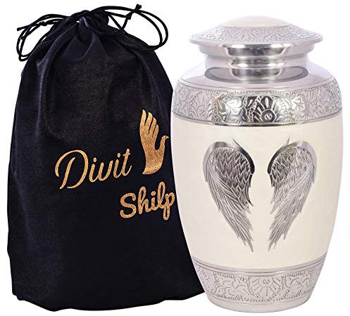Urne de crémation pour Cendres humaines avec Sac en Velours, pour Adultes pesant jusqu'à 100 Kilos by Divit Shilp (White Angel Wings, Adult)