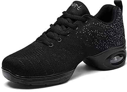 Jazz Sneakers för Kvinnor Sport Zumba Athletic Promenad Dans Dans Träningsskor med Snörning Mesh Luftkudde Fitness Kvinnor Sneakers, svart, 34 EU
