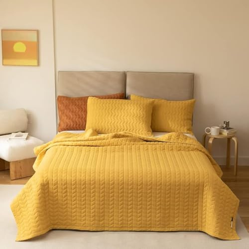 Lunoroey Juego de edredón tamaño king amarillo, de microfibra suave, ligero, acolchado, para todas las estaciones, juego de ropa de cama (1 edredón, 2 fundas de almohada)