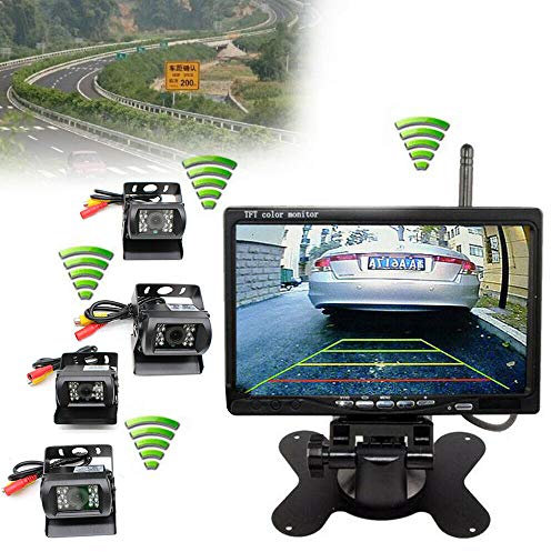 4X Kabellos Nachtsicht Rückfahrkamera, Funk Einparkhilfe mit 7 LCD Drahtloser Monitor 18 IR LEDs Nachtsicht Wasserdicht IP67 Drahtlos AutoKamera für Anhänger Bus LKW