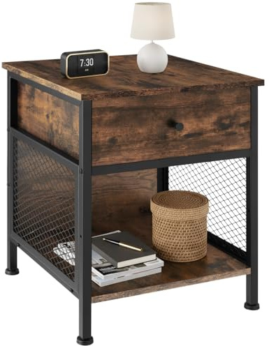 tectake® Mesita de Noche con Rejilla Lateral, Mesa Auxiliar Sofa, Mesitas de Noche, Decoracion Hogar, Mesa Auxiliar Salon, Oficina, Muebles - 46 x 45 x 55,5 cm Madera Industrial Oscura, Rústica