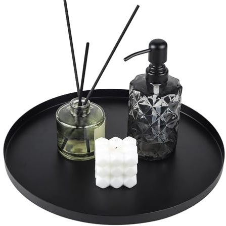 EXLECO Rund dekorativ bricka svart serveringsfat dekorativ bricka rostfritt stål serveringsbricka ljusbricka förvaringsskål metall bricka badrum smycken arrangör buffé tallrik för kosmetika dessert