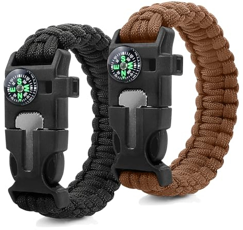 ZSMJAER 2 Pièces Bracelet Paracorde,Bracelet de Survie Multifonctionnel pour l'extérieur,Sifflet,Silex,Boussole pour Les Randonneurs,Les Aventuriers,Les Explorateurs pour Les Aventures en Plein Air