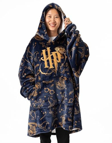 Harry Potter Womens Wearable Blanket Hoodie | Adults Gray Hooded Pullover with Hogwarts Graphic All Over Print | One Size Sherpa Lined Loungewear with Pockets | Classic Wizard Movie Merchandise Gift