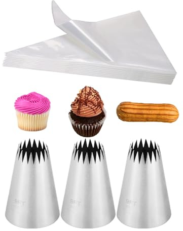 Extra Large Churro Piping Bags and Nozzles,3 French Star Piping Tips for Eclairs & 20 Disposable Pastry Bags 18 inch