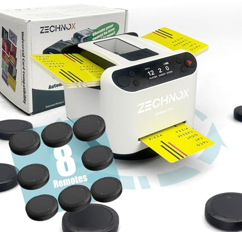ZechnoX 2025 New Smart 2-in-1 Automatic Card Shuffler and Dealer,Programmable Card Dealer,Card Shuffler 2 Deck,360° Rotation,Ultra Quiet,Rechargeable,Support 12 Players (UK White+8 Remotes)