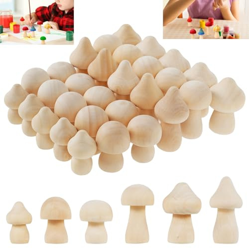 Gatphy 30Pcs Unfinished Wooden Peg Dolls, 6 Size Unfinished Wooden Mushroom Family Wood Figures Decorative Mushroom Peg for Kids DIY Craft Painting (30Pcs)