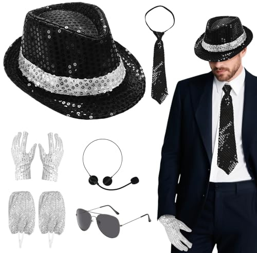 Lot de 8 accessoires de costume MJ - Danseur Rocker Star des années 80 avec chapeau à paillettes jazz gants chaussettes tête microphone cravate lunettes de soleil King of Pop pour fête à thème années