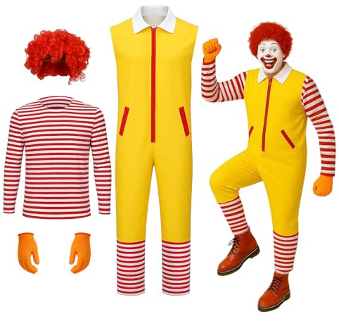 LIKUNGOU Payaso M Cosplay Disfraz Traje Amarillo Rayas Rojas y Blancas Camiseta Peluca Halloween Navidad Adulto (S)