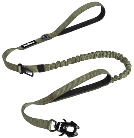 PetBonus kraftigt taktiskt hundkoppel, 150 cm bungeekoppel med 2 vadderade handtag, snabbkoppling, bilbältesfäste, dragfritt för stora och medelstora hundar (armégrön) | Elastisk ryggdämpare hundkoppel, 2 vadderade handtag, bilsäkerhetsbälte, träningskoppel för stora och medelstora hundar