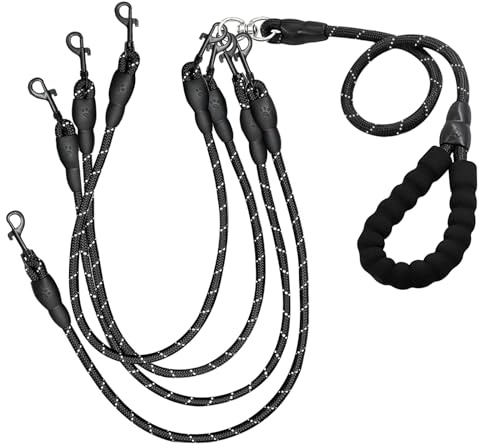 4 Way Dog Leashes,No Tangle Medium Small Dog Walking Leash,Nylon Pet Leash for 1 to 4 Dogs Outdoor Walking (Black)
